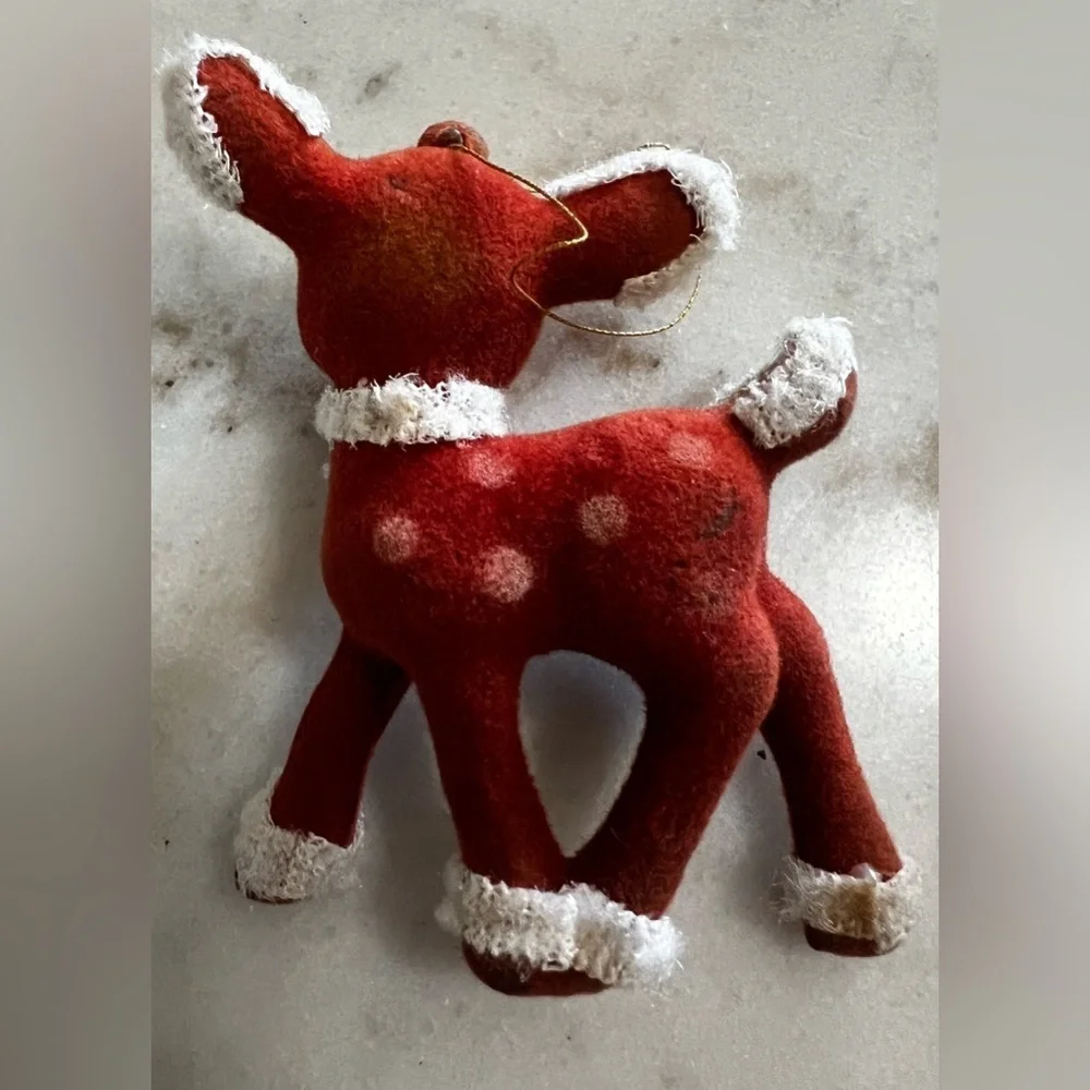 Vintage Mid Century Red Flocked Santa And Reindeer Christmas Tree Ornaments Set